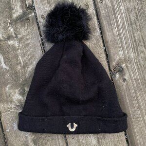 Vintage True Religion Beanie Black Big Logo Gold Pom Pom